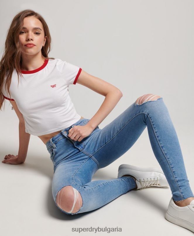 Superdry облекло N00H3878 светло синьо Жени тесни дънки от органичен памук с висока талия