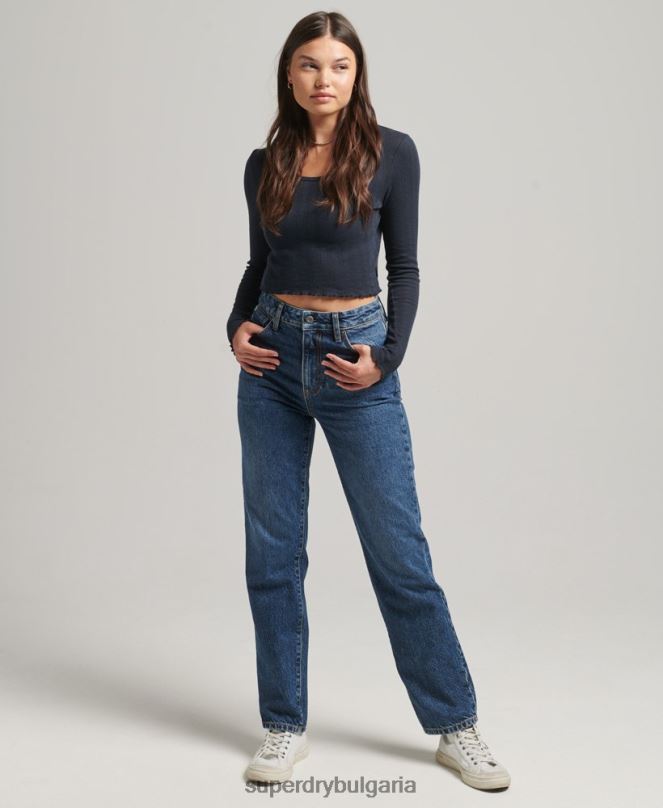 Superdry облекло N00H3892 тъмно синьо Жени прави дънки с висока талия от органичен памук