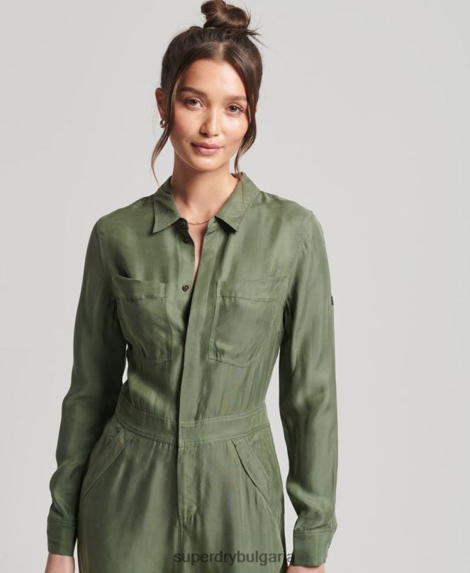Superdry облекло N00H4104 зелено Жени Купро гащеризон с дълги ръкави