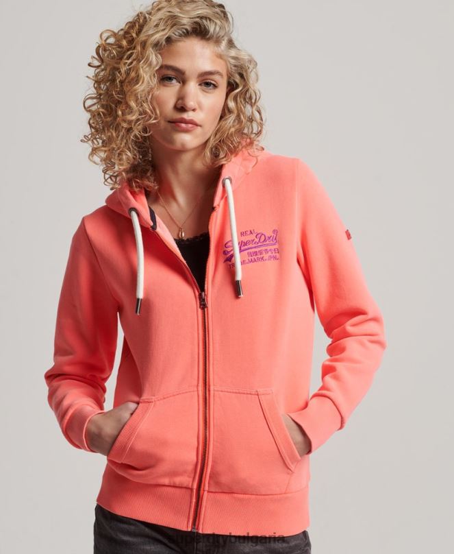 Superdry облекло N00H2065 корал Жени неонова качулка с ретро лого с цип