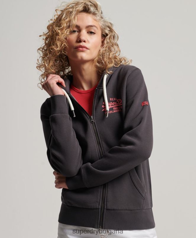 Superdry облекло N00H2143 тъмно сив Жени неонова качулка с ретро лого с цип