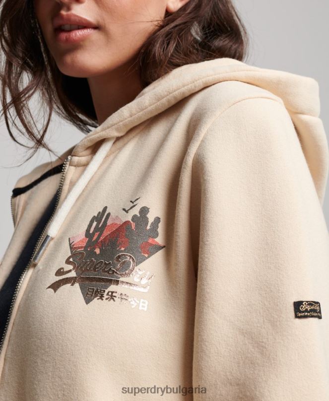 Superdry облекло N00H2179 сметана Жени суичър с ретро лого с цип