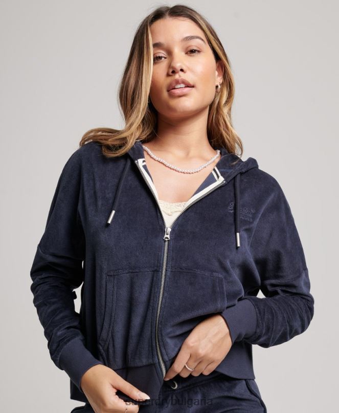 Superdry облекло N00H2185 военноморски флот Жени качулка с ретро лого от органичен памук и цип от велур