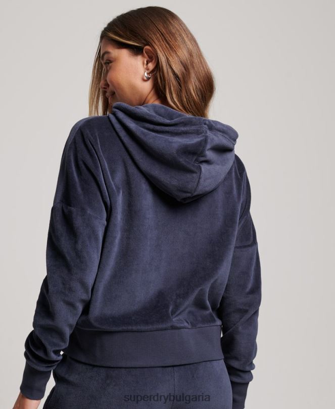Superdry облекло N00H2185 военноморски флот Жени качулка с ретро лого от органичен памук и цип от велур