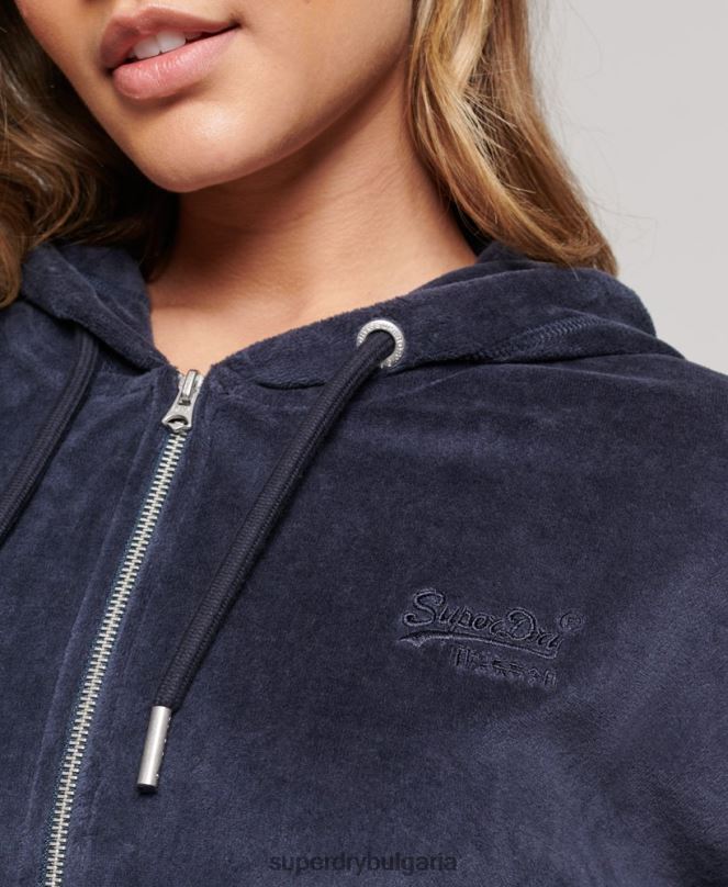 Superdry облекло N00H2185 военноморски флот Жени качулка с ретро лого от органичен памук и цип от велур