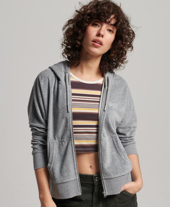 Superdry облекло N00H2197 сиво Жени качулка с ретро лого от органичен памук и цип от велур