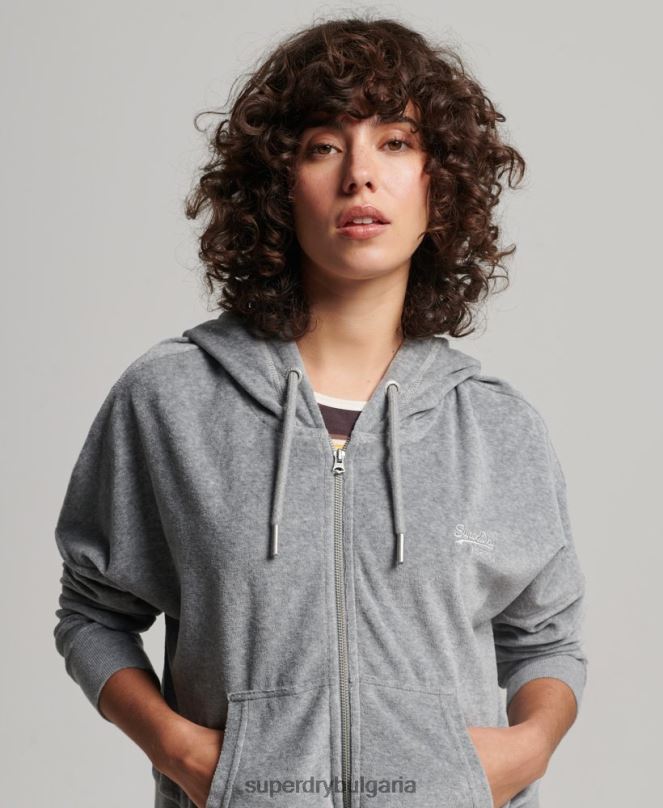 Superdry облекло N00H2197 сиво Жени качулка с ретро лого от органичен памук и цип от велур