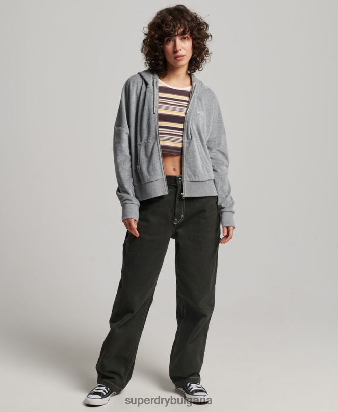 Superdry облекло N00H2197 сиво Жени качулка с ретро лого от органичен памук и цип от велур