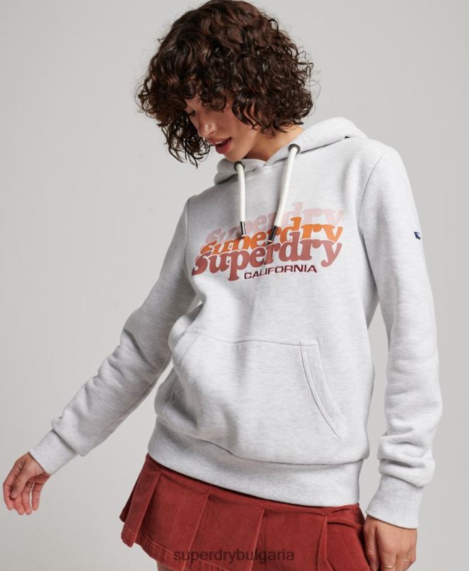 Superdry облекло N00H2223 светло сив Жени винтидж качулка с надписан пълнеж