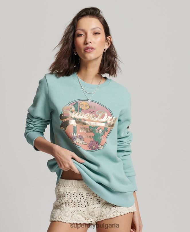 Superdry облекло N00H2253 зелено Жени ретро суитшърт с лого на екипажа