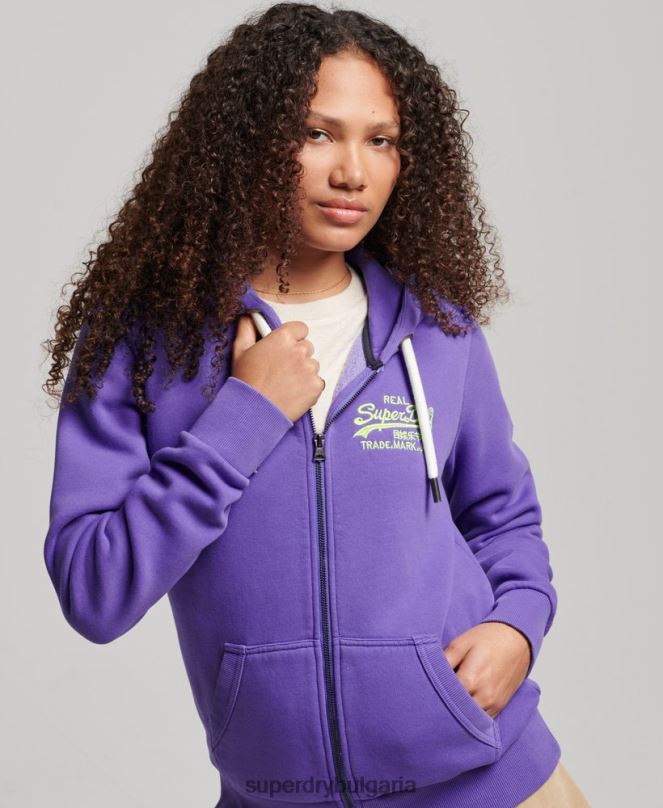 Superdry облекло N00H2287 лилаво Жени неонова качулка с ретро лого с цип