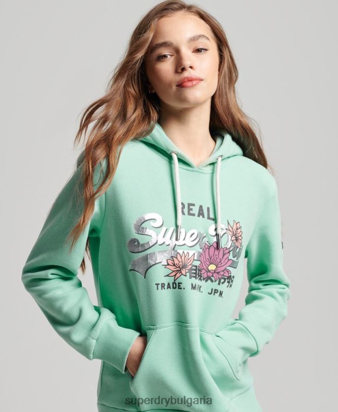 Superdry облекло N00H2294 зелено Жени винтидж качулка с лого
