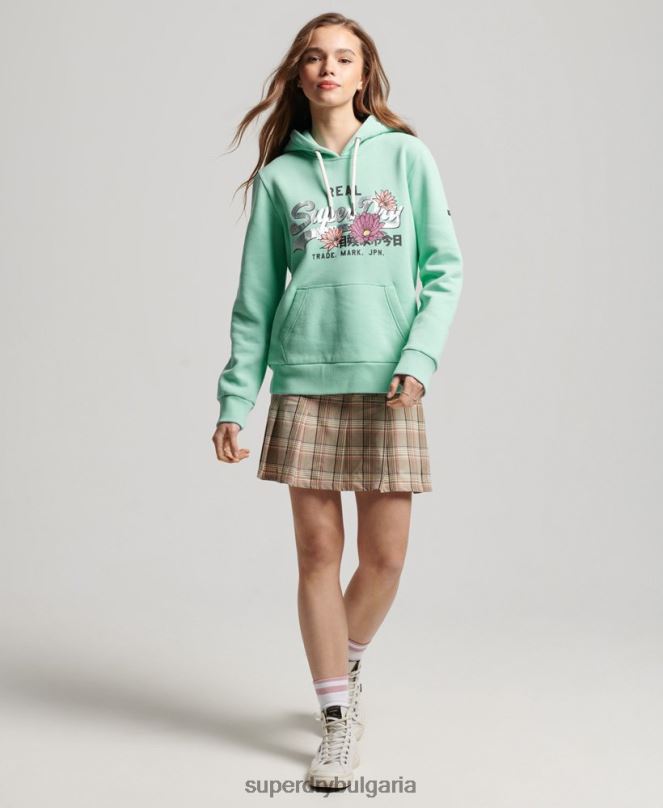 Superdry облекло N00H2294 зелено Жени винтидж качулка с лого