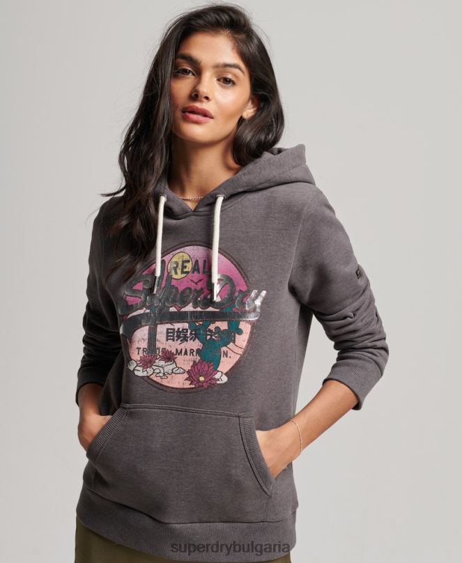 Superdry облекло N00H2305 черен Жени винтидж качулка с лого