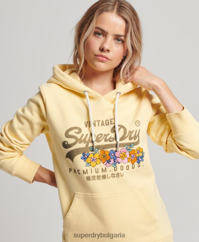 Superdry облекло N00H3271 жълто Жени ретро лого първокласни стоки с флорална качулка