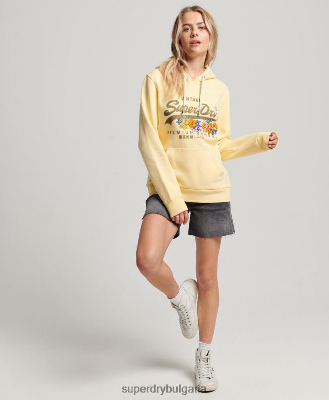 Superdry облекло N00H3271 жълто Жени ретро лого първокласни стоки с флорална качулка