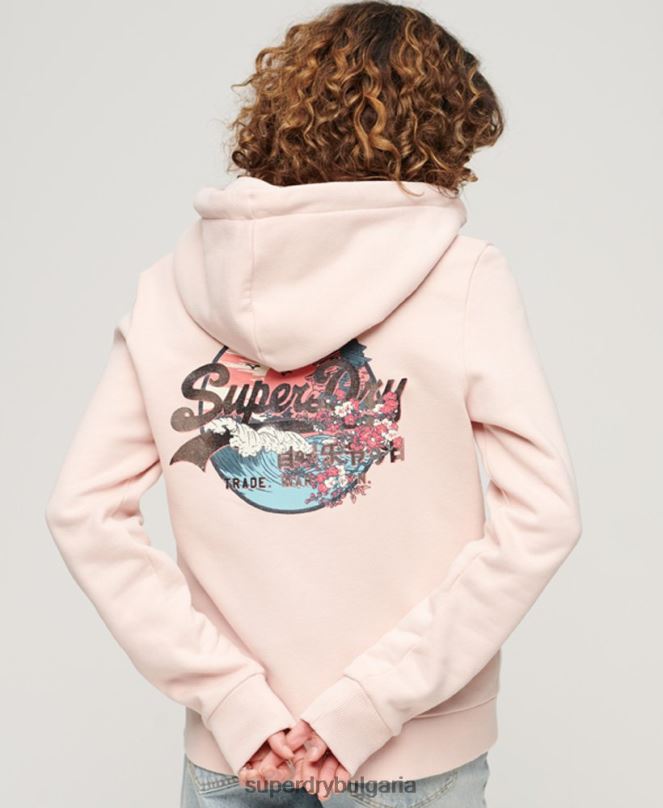 Superdry облекло N00H3287 розово Жени суичър с цип с ретро японско лого