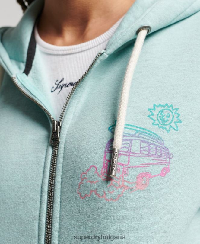 Superdry облекло N00H3289 светло синьо Жени суичър с цип с стикер за пътуване