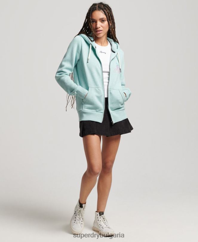 Superdry облекло N00H3289 светло синьо Жени суичър с цип с стикер за пътуване