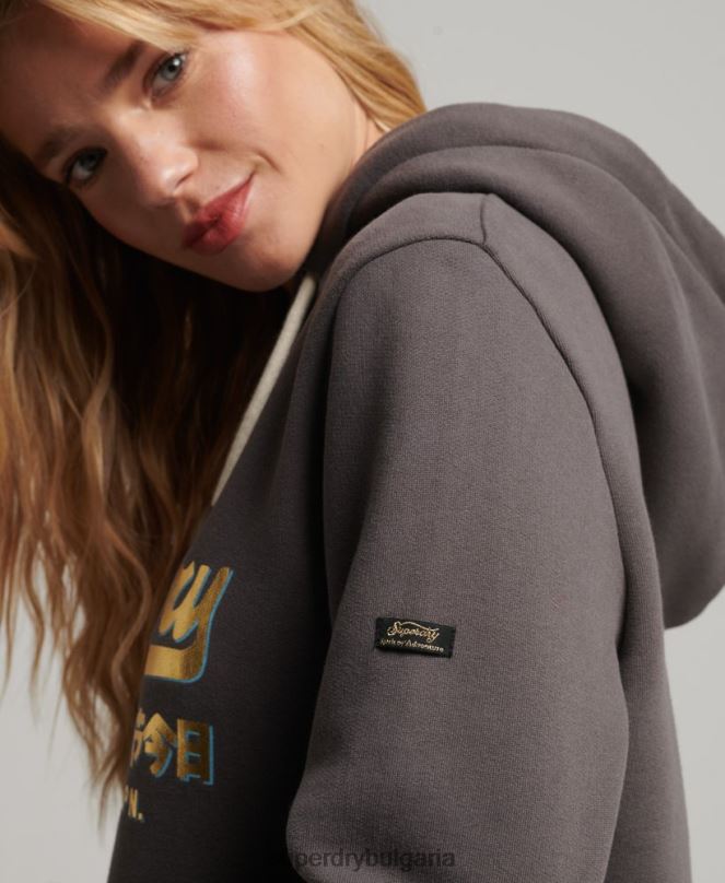 Superdry облекло N00H3306 тъмно сив Жени японски винтидж суичър с графично лого