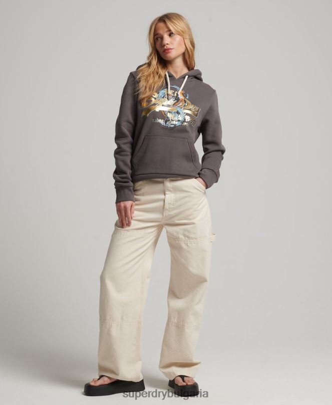 Superdry облекло N00H3306 тъмно сив Жени японски винтидж суичър с графично лого