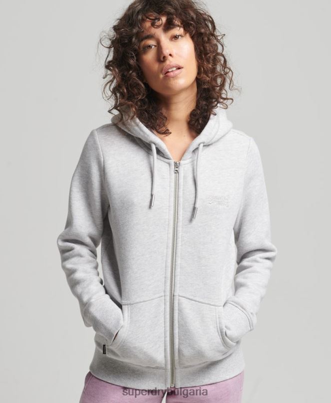 Superdry облекло N00H3316 светло сив Жени качулка с ретро лого и цип от органичен памук