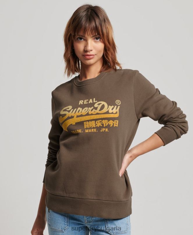 Superdry облекло N00H3323 каки Жени ретро суичър за екипажа, украсен с лого