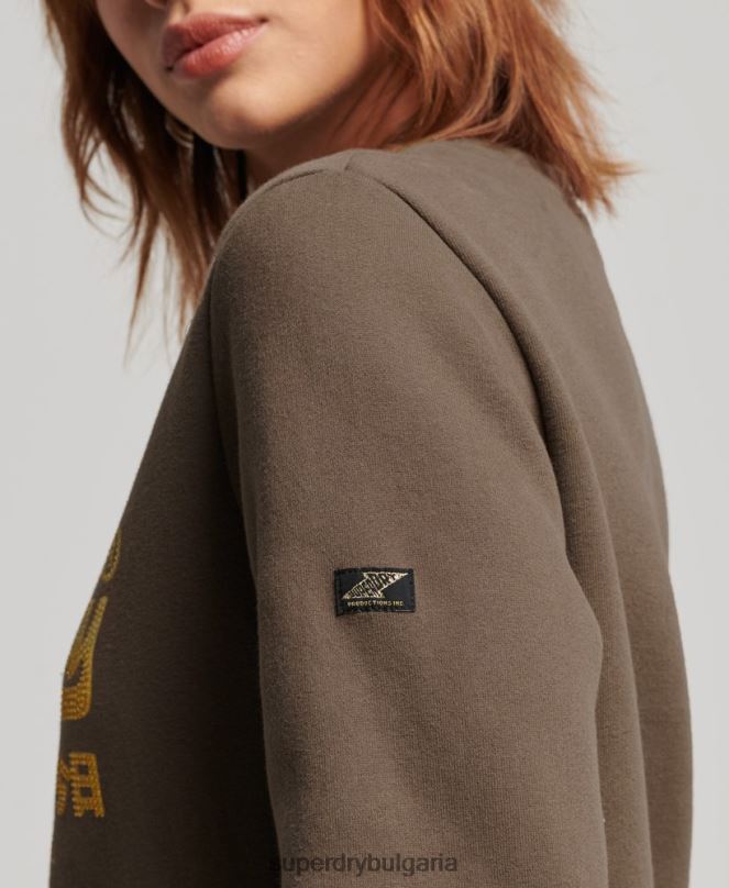 Superdry облекло N00H3323 каки Жени ретро суичър за екипажа, украсен с лого