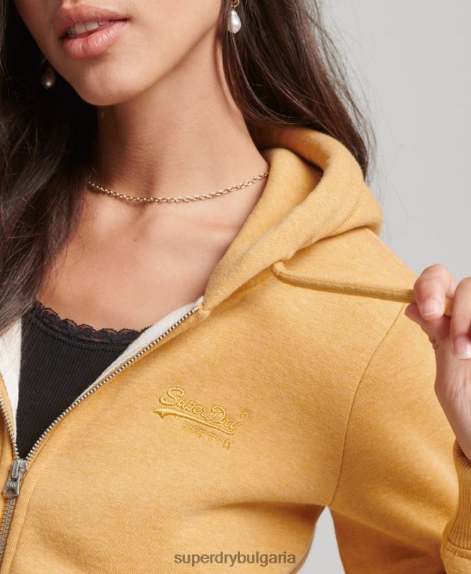 Superdry облекло N00H3343 жълто Жени качулка с цип и лого от органичен памук