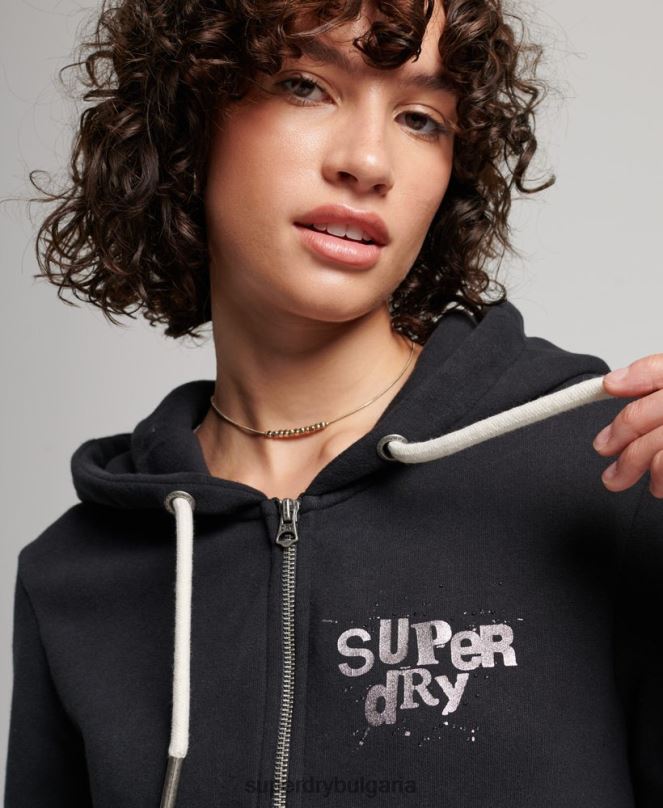 Superdry облекло N00H3351 черен Жени качулка с цип на магазин за ретро стоки