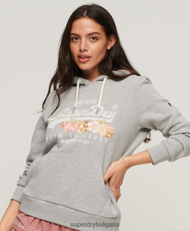 Superdry облекло N00H3370 светло сив Жени ретро лого първокласни стоки с флорална качулка