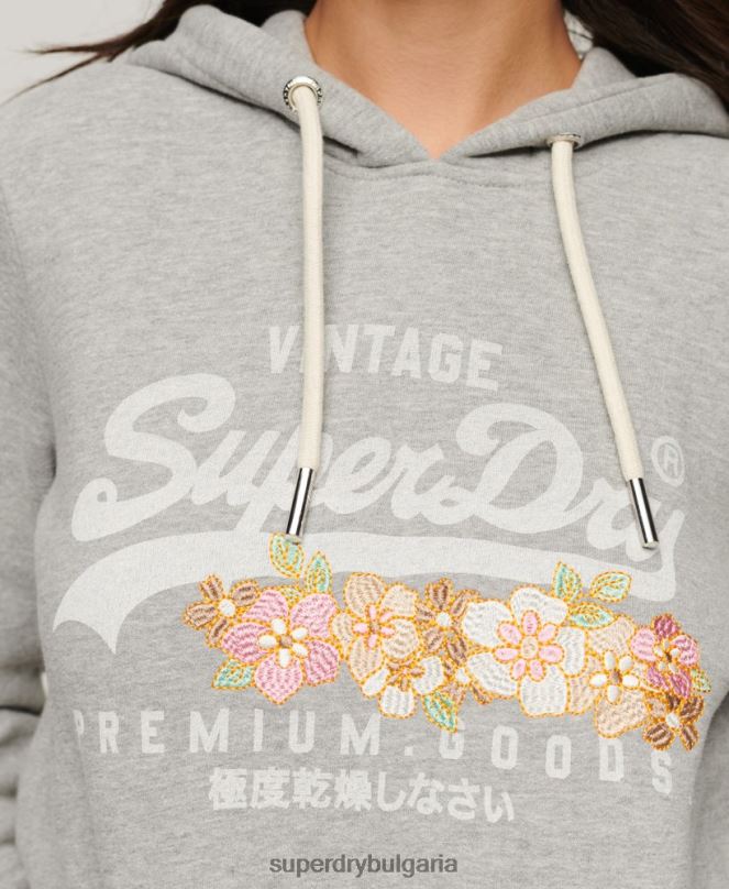 Superdry облекло N00H3370 светло сив Жени ретро лого първокласни стоки с флорална качулка