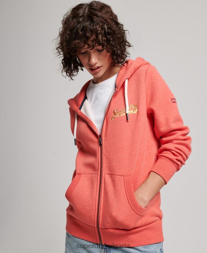 Superdry облекло N00H3374 корал Жени реколта колегиална качулка с цип