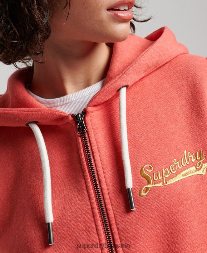 Superdry облекло N00H3374 корал Жени реколта колегиална качулка с цип