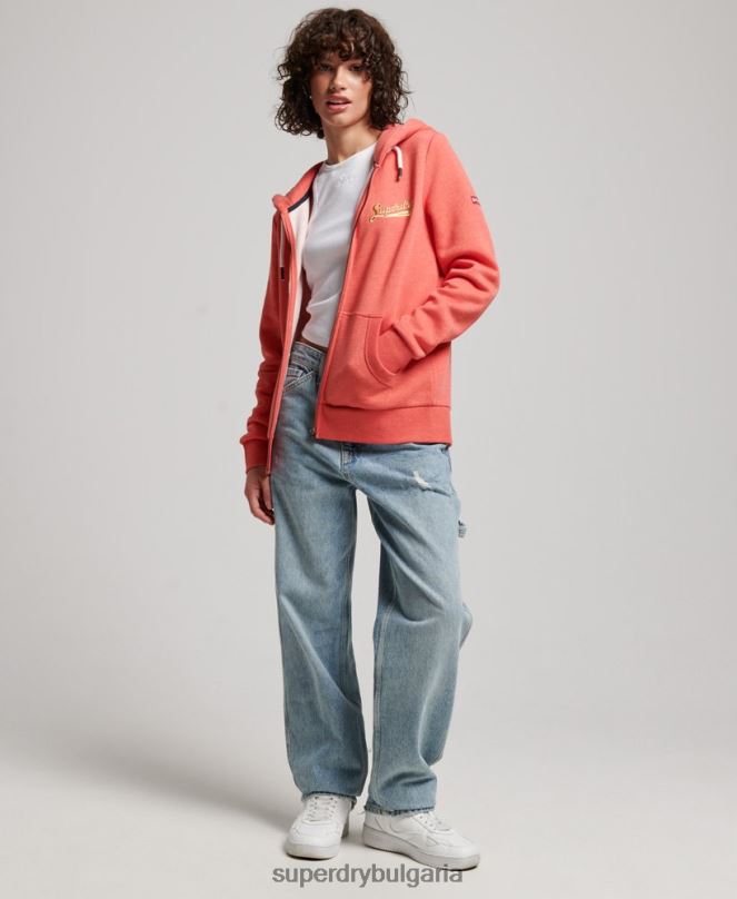 Superdry облекло N00H3374 корал Жени реколта колегиална качулка с цип
