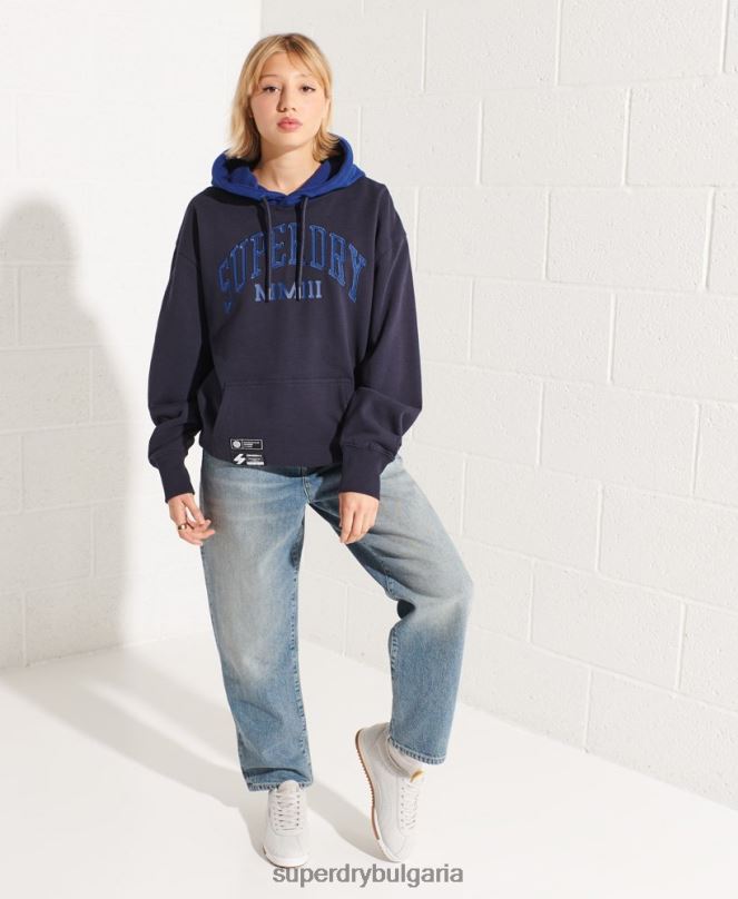 Superdry облекло N00H3377 военноморски флот Жени голям суичър с университетска арка