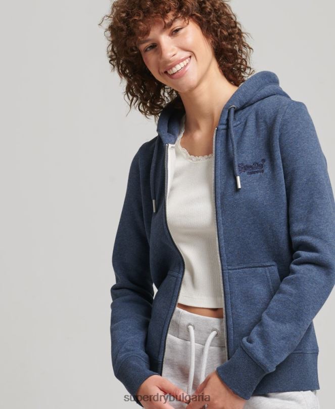 Superdry облекло N00H3379 военноморски флот Жени качулка с цип и лого от органичен памук