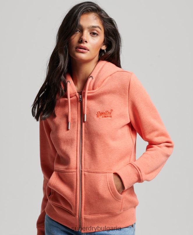 Superdry облекло N00H3388 корал Жени ретро суичър с цип с бродирано лого
