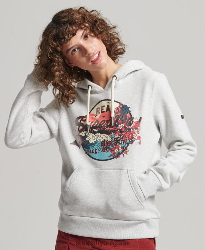 Superdry облекло N00H3389 светло сив Жени японски винтидж суичър с графично лого