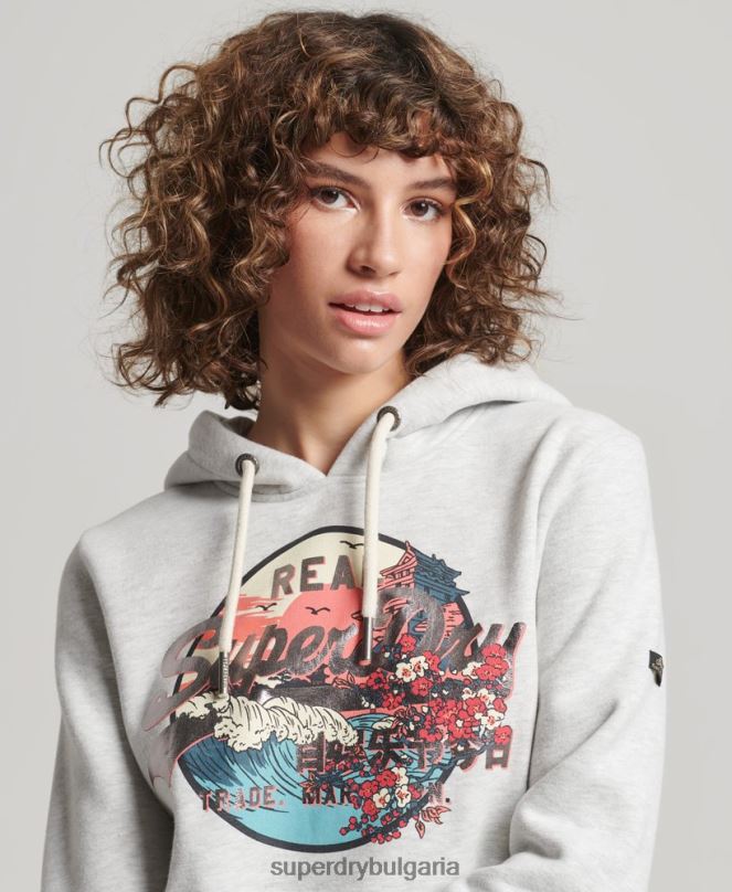 Superdry облекло N00H3389 светло сив Жени японски винтидж суичър с графично лого