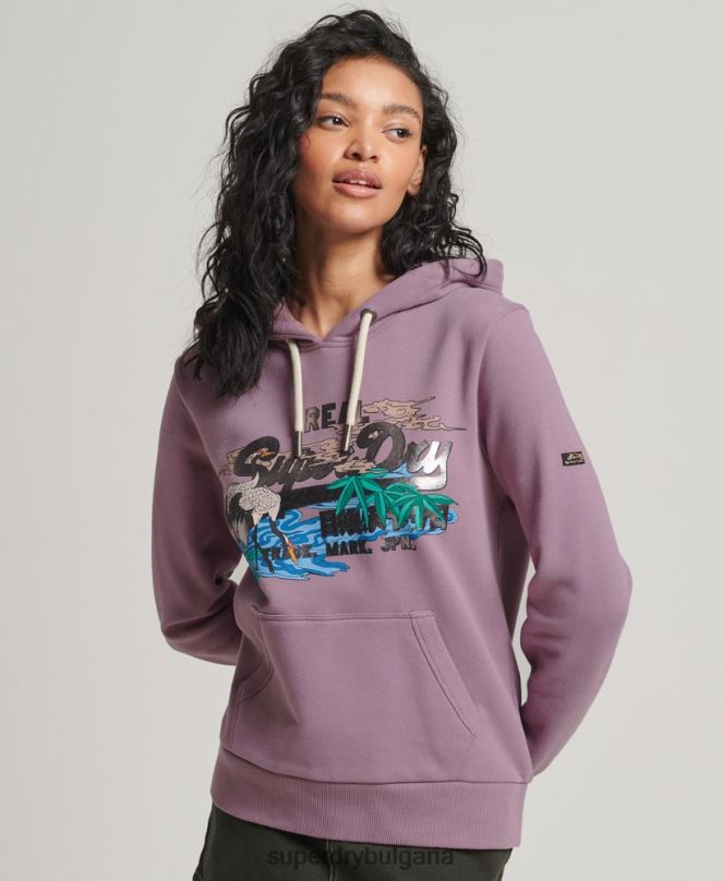 Superdry облекло N00H3403 лилаво Жени японски винтидж суичър с графично лого