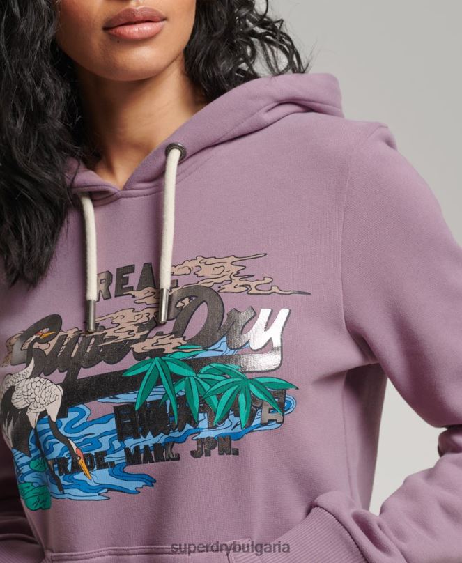 Superdry облекло N00H3403 лилаво Жени японски винтидж суичър с графично лого
