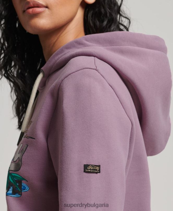 Superdry облекло N00H3403 лилаво Жени японски винтидж суичър с графично лого