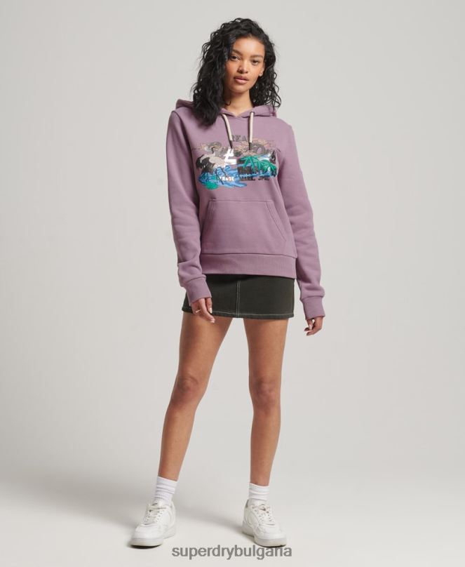 Superdry облекло N00H3403 лилаво Жени японски винтидж суичър с графично лого