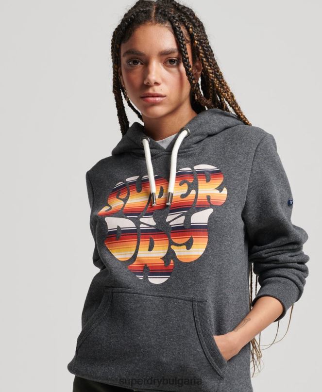 Superdry облекло N00H3406 тъмно сив Жени винтидж качулка с надписан пълнеж