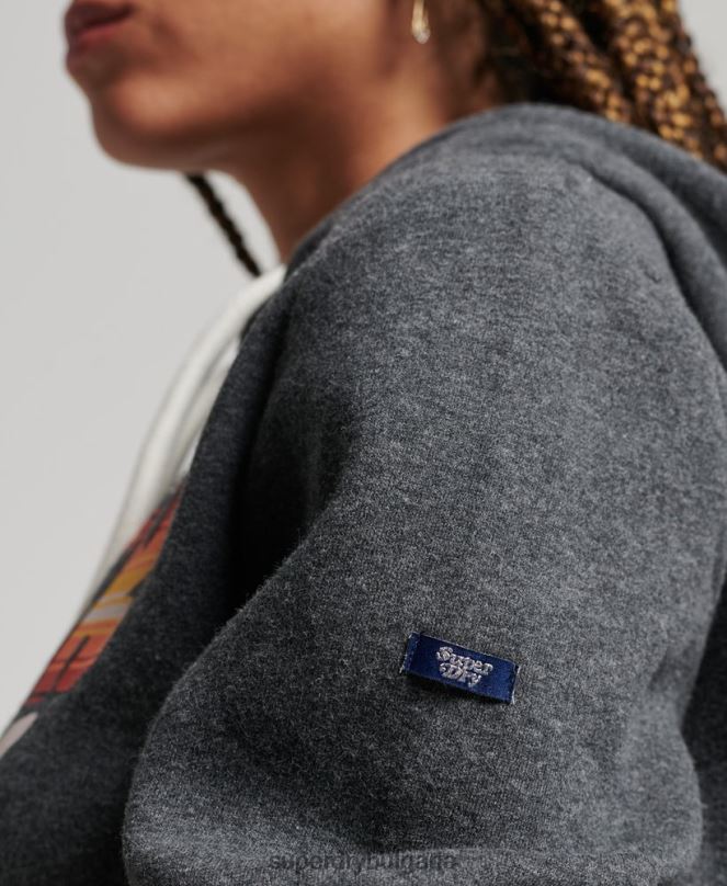 Superdry облекло N00H3406 тъмно сив Жени винтидж качулка с надписан пълнеж