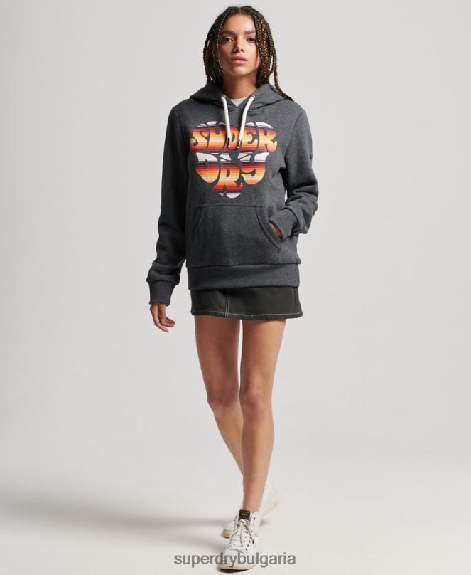 Superdry облекло N00H3406 тъмно сив Жени винтидж качулка с надписан пълнеж