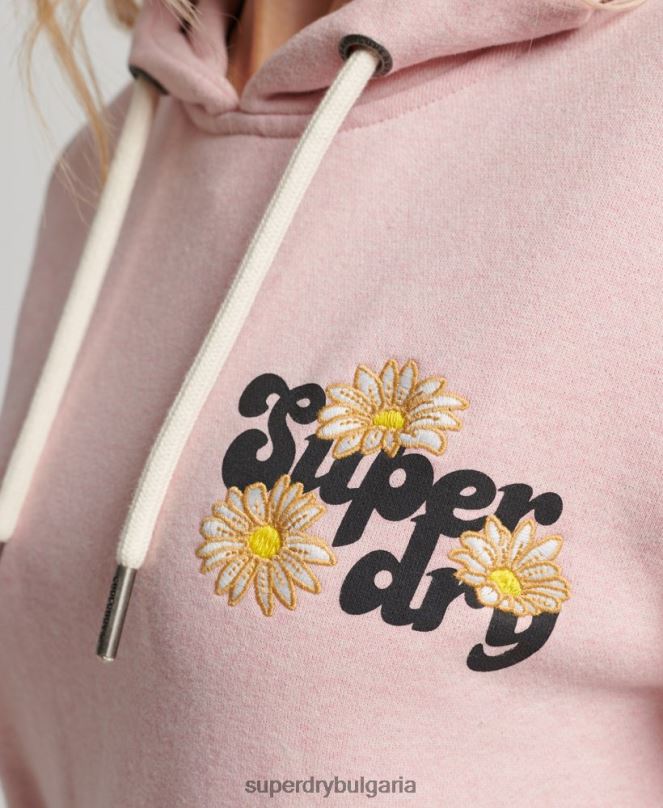 Superdry облекло N00H3408 розово Жени винтидж качулка с флорален сценарий