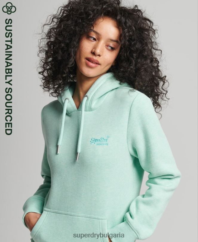 Superdry облекло N00H3422 зелено Жени качулка с ретро лого от органичен памук