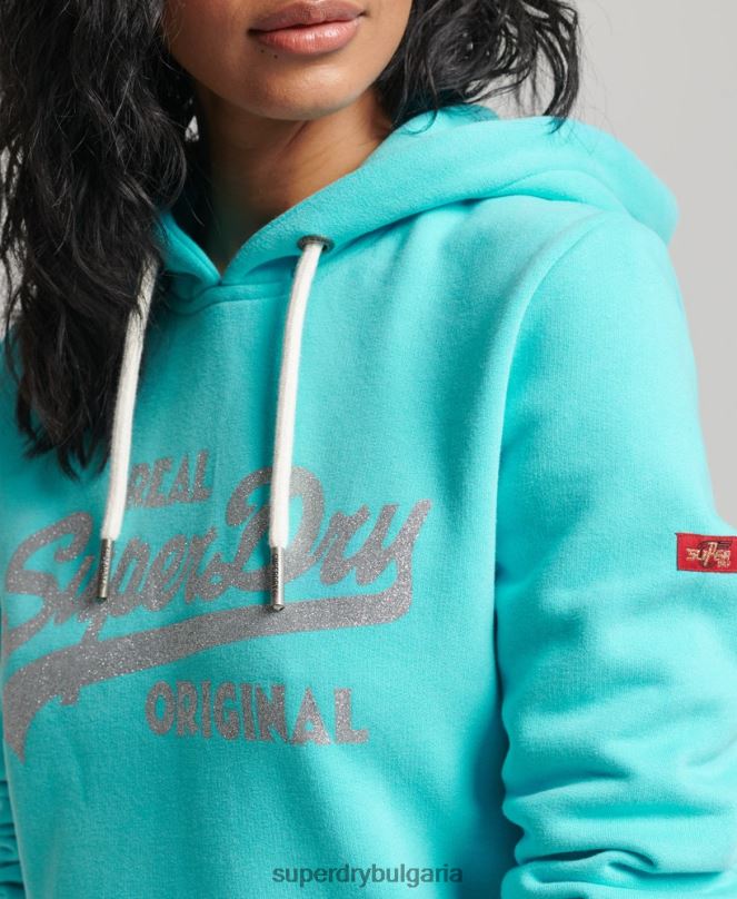 Superdry облекло N00H3423 тюркоаз Жени оригинална качулка с винтидж лого